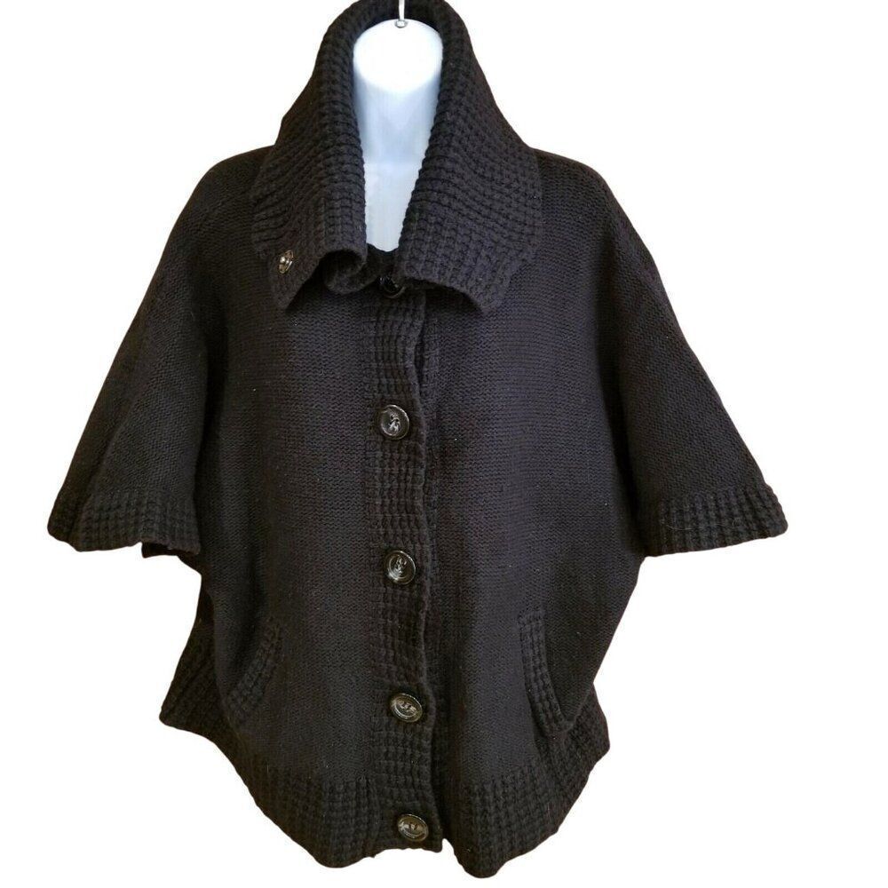 Vintage Caslon Cardigan Sweater Short Sleeve Womens L Black Chunky Knit Cowl Nec